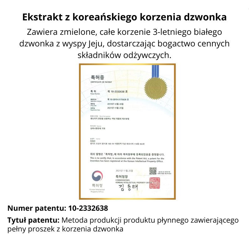 Oficjalny koreański certyfikat patentowy na ekstrakt z korzenia dzwonka (Platycodon grandiflorus), potwierdzający unikalną metodę produkcji i wysoką jakość produktu.