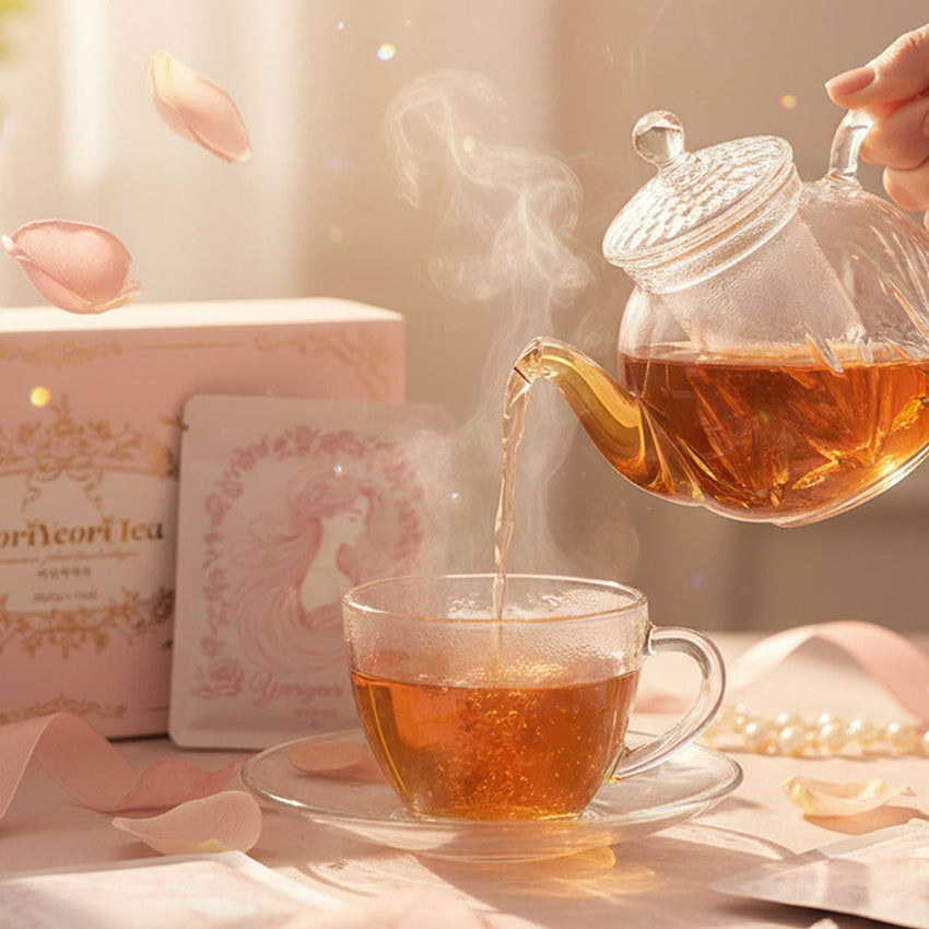 Nalewanie świeżo parzonej Herbaty Kolagenowej YeoriYeori z dzbanka do filiżanki. W tle widoczne opakowanie produktu.